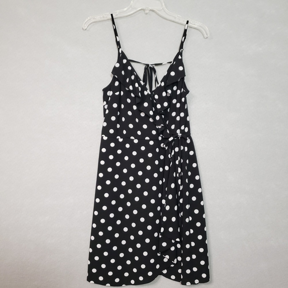 Band of Gypsies Women Medium Faux Wrap Dress Black White Polka Dot Ruffle Mini